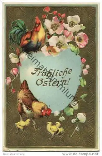 Fröhliche Ostern - Küken - Hahn - Henne - Goldprägedruck