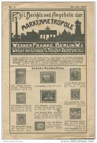 Phil. Berichte und Angebote der Markenmetropole Werner Franke Berlin W8 - Unter den Linden 16 Seiten Okt. 1924
