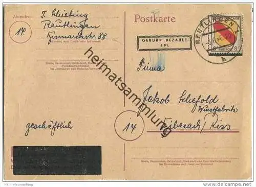 Notganzsache 6 Pfg. Gebühr bezahlt plus 8 F. Zusatz - gelaufen von Reutlingen nach Biberach am 03.06.1946