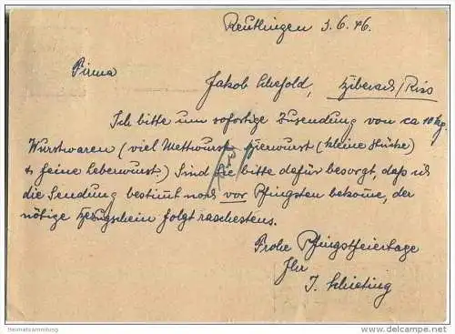 Notganzsache 6 Pfg. Gebühr bezahlt plus 8 F. Zusatz - gelaufen von Reutlingen nach Biberach am 03.06.1946