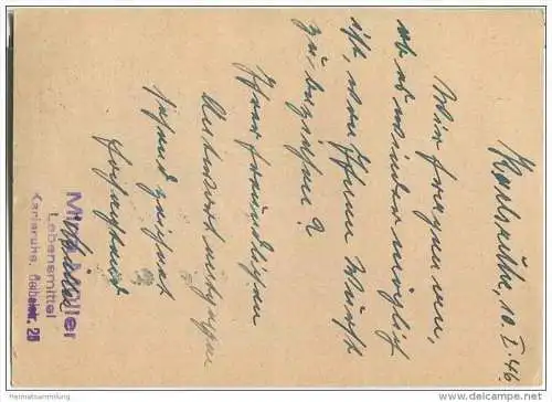 Notganzsache 6 Pfg. Gebühr bezahlt - gelaufen von Karlsruhe nach Biberach am 14.01.1946 - Bedarfskarte Wurstbestellung