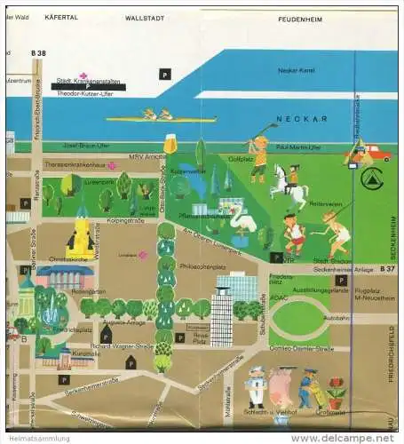 Mannheim - Faltkarte mit 7 Abbildungen - schematischer Zentrums-Stadtplan - rückseitig Reliefkarte von Nordbaden