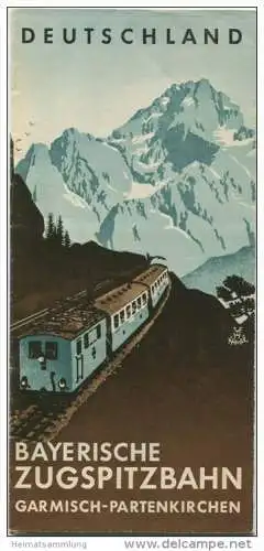 Bayrische Zugspitzbahn - 30er Jahre - Faltblatt mit 14 Abbildungen - Titelbild signiert Henel - 2 Reliefkarten