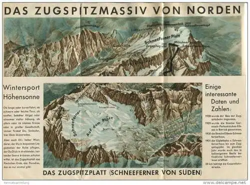 Bayrische Zugspitzbahn - 30er Jahre - Faltblatt mit 14 Abbildungen - Titelbild signiert Henel - 2 Reliefkarten