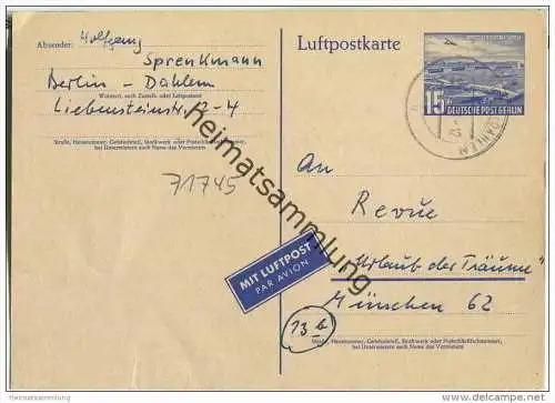Postkarte Berlin P 16 b Luftpost - am 31.5.1958 von Berlin nach München gelaufen - Preisausschreiben