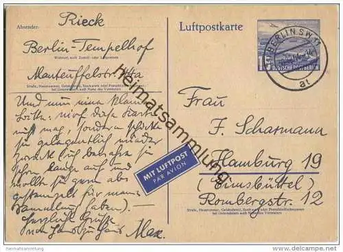 Postkarte Berlin P 16 a Luftpost - am 30.12.1954 von Berlin nach Hamburg gelaufen