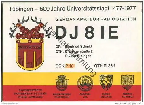 QSL - QTH - Funkkarte - DJ8IE - Tübingen - 1977