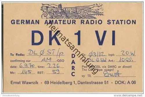 QSL - QTH - Funkkarte - DK1VI - Heidelberg - 1970