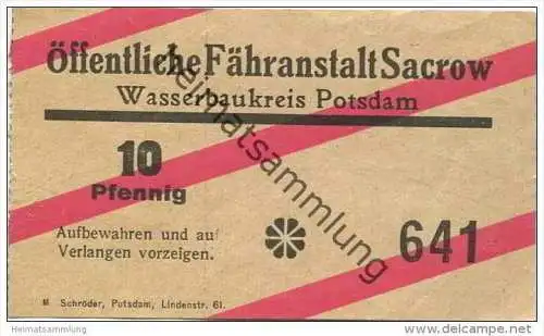 Deutschland - Öffentliche Fähranstalt Sacrow - Wasserbaukreis Potsdam - Ticket Fahrschein 10Pfennig