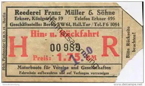 Deutschland - Berlin - Fahrschein Ticket - Reederei Franz Müller &amp; Söhne Erkner - Hin- und Rückfahrt Preis 1.75 RM -