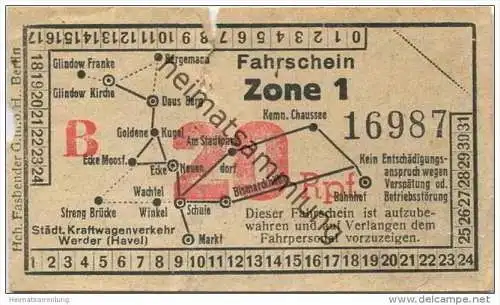 Deutschland - Werder - Städtischer Kraftwagenverkehr Werder (Havel) - Ticket - Fahrschein 20Rpf.