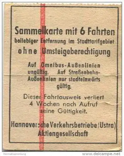 Deutschland - Hannover - Hannoversche Verkehrsbetriebe ÜSTRA AG - Sammelkarte mit 6 Fahrten Fahrkarte Ticket