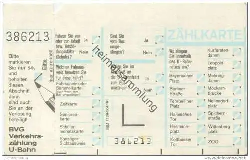 Deutschland - Berlin - Zählkarte Berlin -&nbsp; BVG-Verkehrszählung U-Bahn