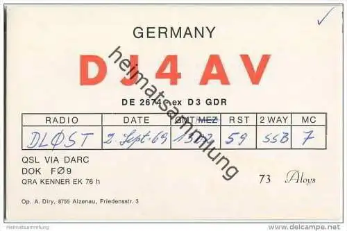 QSL - QTH - Funkkarte - DJ4AV - Alzenau - 1969