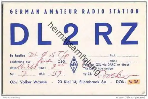 QSL - QTH - Funkkarte - DL2RZ - Kiel - 1968