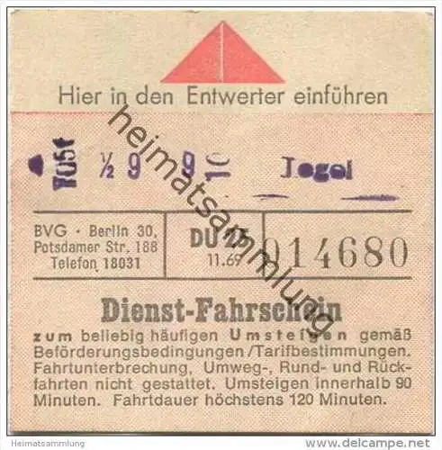 Deutschland - BVG - Berlin - Dienst-Fahrschein Ticket 1969