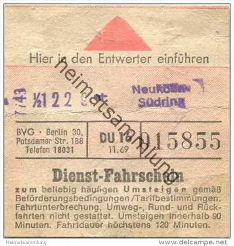 Deutschland - BVG - Berlin - Dienst-Fahrschein Ticket 1969