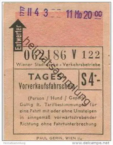 Österreich - Wien - Wiener Stadtwerke Verkehrsbetriebe - Ticket - Tages-Vorverkaufsfahrschein S 4.-