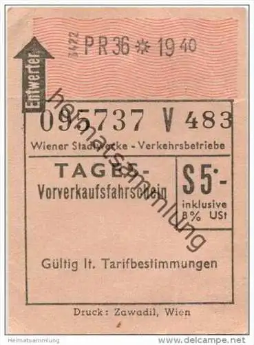 Österreich - Wien - Wiener Stadtwerke Verkehrsbetriebe - Ticket - Tages-Vorverkaufsfahrschein S 5.-