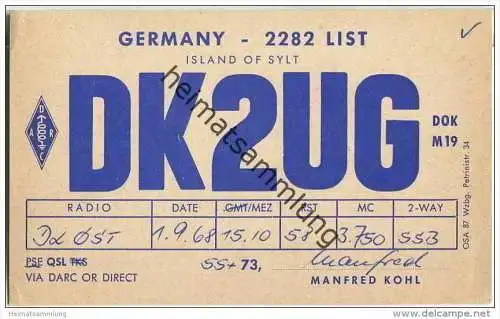 QSL - QTH - Funkkarte - DK2UG - Sylt - 1968