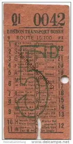 Grossbritannien - London - Transport Buses Route 15/100 - Ticket - Fahrschein