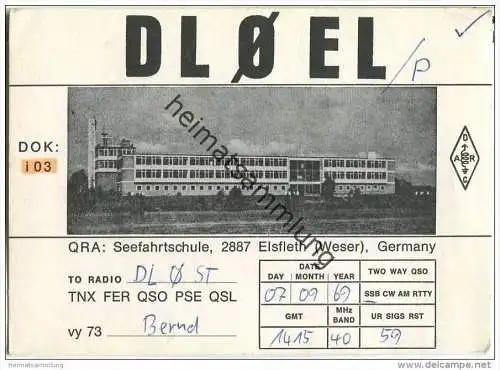 QSL - QTH - Funkkarte - DL0EL - Elsfleth Seefahrtschule - 1969