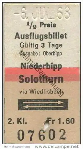 Schweiz - Ausflugsbillet - Niederbipp Solothurn via Wiedlisbach und zurück - 1/2 Preis Fahrkarte 1968 Fr. 1.60