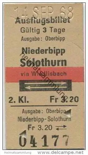 Schweiz - Ausflugsbillet - Niederbipp Solothurn via Wiedlisbach und zurück - Fahrkarte 1968 Fr. 3.20