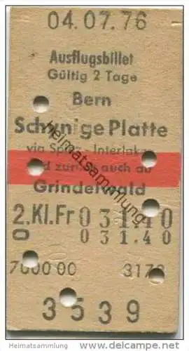 Schweiz - Ausflugsbillet - Bern Schynige Platte via Spiez Interlaken und zurück ab Grindelwald - Fahrkarte 1976 Fr. 31.4