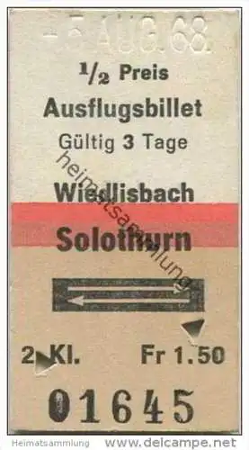 Schweiz - Ausflugsbillet - Wiedlisbach Solothurn und zurück - 1/2 Preis Fahrkarte 1968 Fr. 1.50