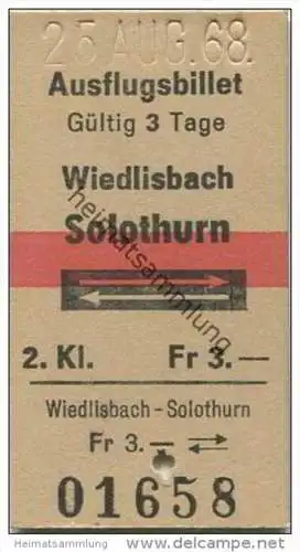 Schweiz - Ausflugsbillet - Wiedlisbach Solothurn und zurück - Fahrkarte 1968 Fr. 3.-