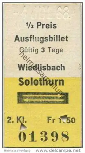 Schweiz - Ausflugsbillet - Wiedlisbach Solothurn und zurück - 1/2 Preis Fahrkarte1968 Fr. 1.50