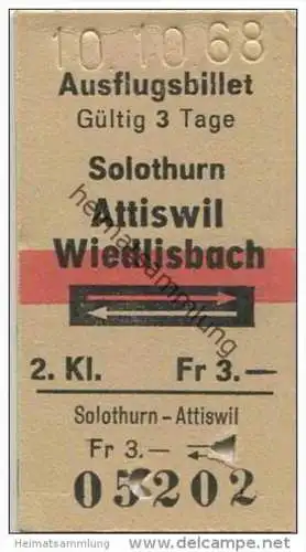 Schweiz - Ausflugsbillet - Solothurn Attiswil Wiedlisbach und zurück - Fahrkarte 1968 Fr. 3.-