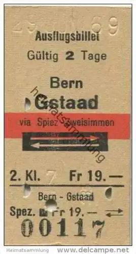 Schweiz - Ausflugsbillet - Bern Gstaad via Spiez Zweisimmen - Fahrkarte 1969 Fr. 19.-