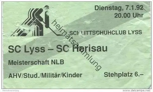 Schweiz - Bern - Schlittschuhclub Lyss - SC Lyss - SC Herisau - Meisterschaft NLB - Eintrittskarte 1992