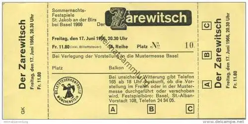 Schweiz - Basel - St. Jakob an der Birs bei Basel - Sommernachts-Festspiele ""Der Zarewitsch"" - Eintrittskarte 1966