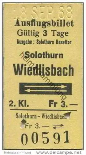 Schweiz - Ausflugsbillet - Solothurn Wiedlisbach und zurück - Fahrkarte 1968 Fr. 3.-