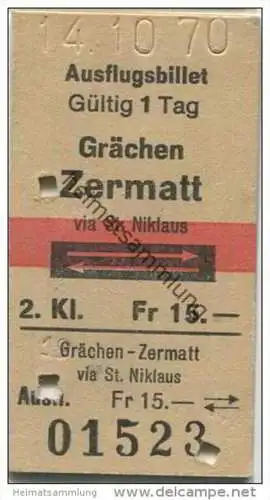 Schweiz - Ausflugsbillet - Grächen Zermatt via St. Niklaus und zurück - Fahrkarte 1970 Fr. 15.-