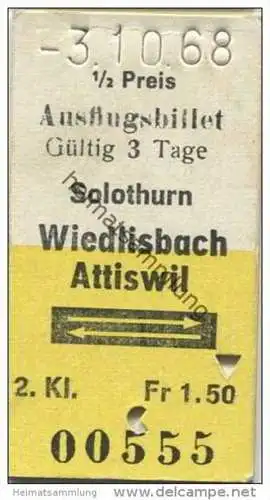 Schweiz - Ausflugsbillet - Solothurn Wiedlisbach oder Attiswil - 1/2 Preis Fahrkarte 1968 Fr. Fr. 1.50