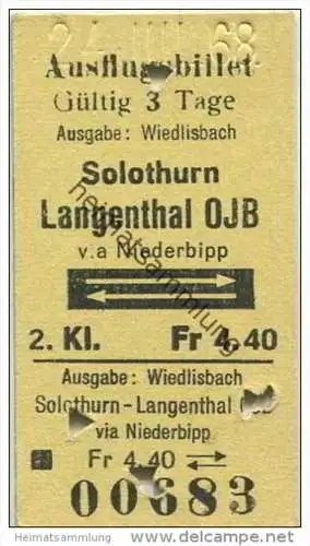 Schweiz - Ausflugsbillet - Solothurn Langenthal OJB via Niederbipp und zurück - Fahrkarte 1968 Fr. 4.40