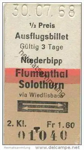 Schweiz - Ausflugsbillet - Niederbipp Flumenthal Solothurn via Wiedlisbach und zurück - 1/2 Preis Fahrkarte 1968