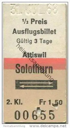 Schweiz - Ausflugsbillet - Attiswil Solothurn und zurück - 1/2 Preis Fahrkarte 1968 Fr. 1.50