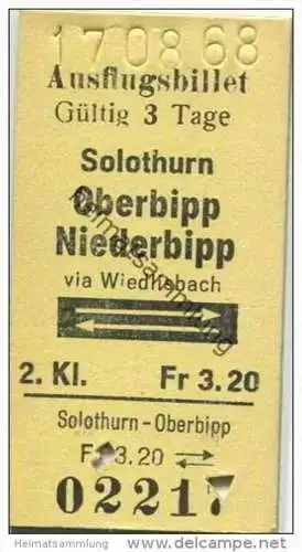 Schweiz - Ausflugsbillet - Solothurn Oberbipp Niederbipp via Wiedlisbach und zurück - Fahrkarte 1968 Fr. 3.20