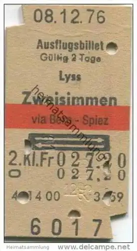 Schweiz - Ausflugsbillet - Lyss Zweisimmen via Bern Spiez - Fahrkarte 1976 Fr. 27.20