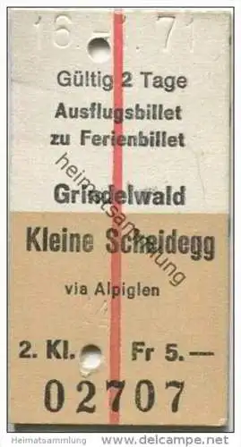 Schweiz - Ausflugsbillet zu Ferienbillet Grindelwald Kleine Scheidegg via Alpiglen - 1/2 Preis Fahrkarte 1971 Fr. 5.-