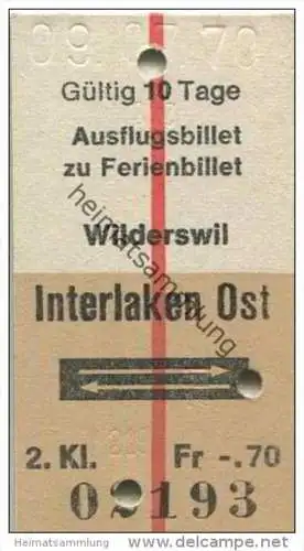 Schweiz - Ausflugsbillet zu Ferienbillet Wilderswil Interlaken Ost - 1/2 Preis Fahrkarte 1970 Fr. -.70