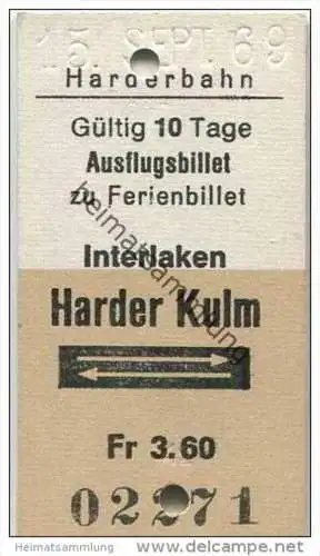 Schweiz - Ausflugsbillet - zu Ferienbillet Interlaken Harder Kulm und zurück - Harderbahn - 1/2 Preis Fahrkarte 1969