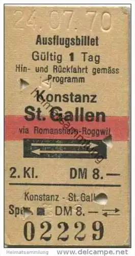 Schweiz - Ausflugsbillet - Konstanz St. Gallen via Romanshorn-Roggwil und zurück - Fahrkarte 1970 - 2. Klasse DM 8.-