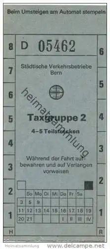 Schweiz - Städtische Verkehrsbetriebe Bern - Fahrschein Taxgruppe 2 4-5 Teilstrecken
