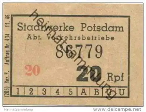 Deutschland - Potsdam - Stadtwerke Potsdam Abt. Verkehrsbetriebe - Fahrschein 20Rpf. 1946